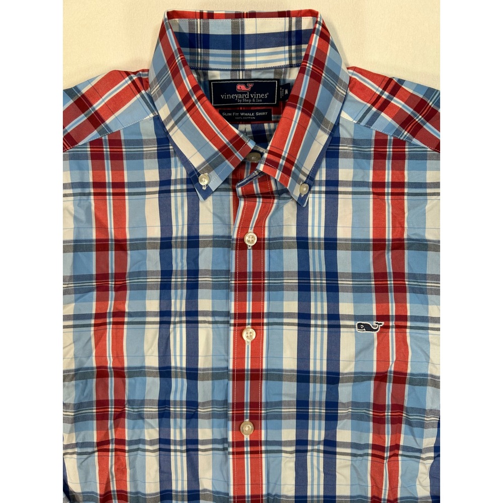 Vineyard Vines Patriotic Men Whale Shirt Red White Blue Plaid Button Down Med